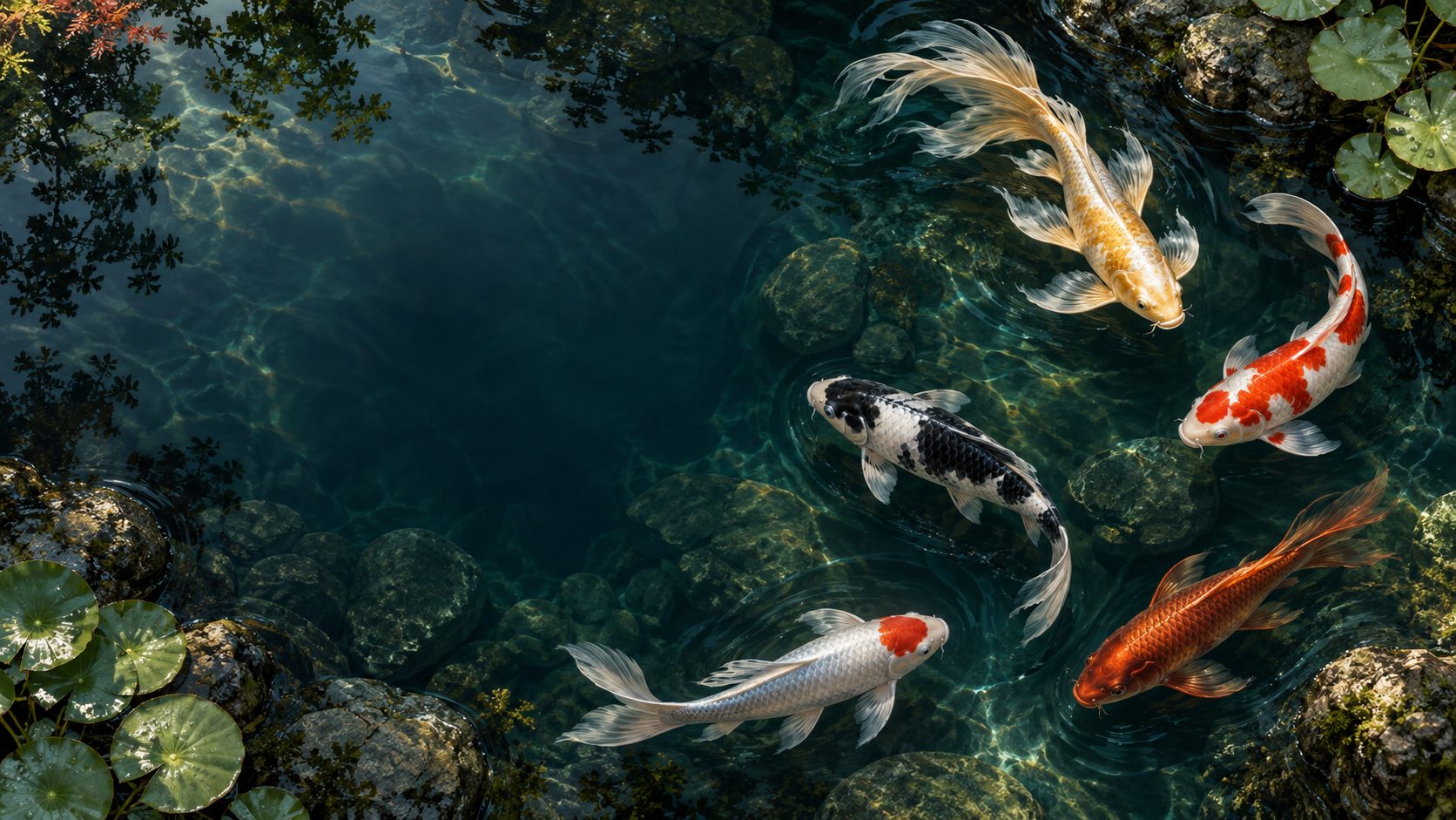 Five graceful koi in a deep jade pond beneath soft garden reflections